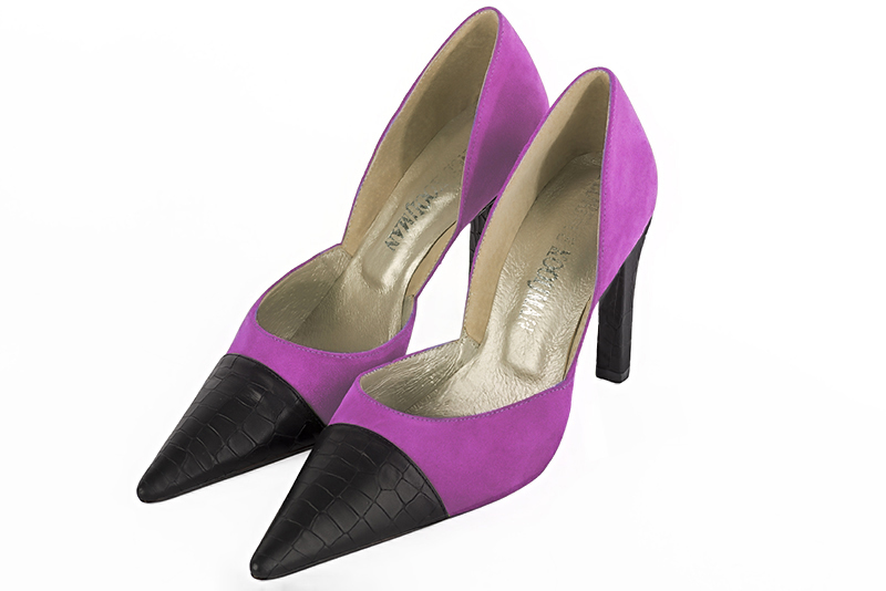 Satin black and mauve purple women's open arch dress pumps. Pointed toe. Very high slim heel. Front view - Florence KOOIJMAN